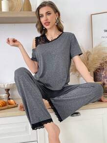 SHEIN Colorblock Lace Splice Oblique Cold Shoulder Short Sleeve Lounge Pajama Set - Dark Grey - View 6