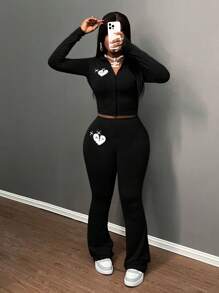 Slaydiva 2024 新款休闲基本款高弹力修身长袖拉链撞色心形印花上衣和裤子 2 件套女款