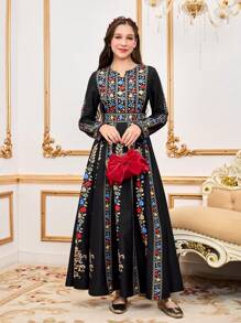 Teen Girls Elegant Print Floral Hem Long Sleeve Waisted Midi Dress, Colorful Fashion, Suitable For Spring/Summer,Holiday,Summer,Travel - Multicolor - View 4