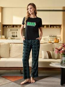 CoupledUp Women Round Neck Short Sleeve Simple Top And Long Pants Pajama Set - Black - View 3