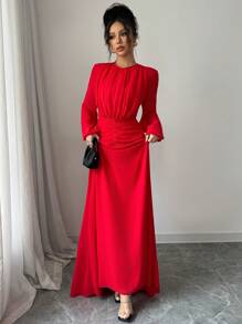 Elenzga Vestido de manga larga con cintura acampanada, fruncido y de tul rojo elegante y romántico para el Día de San Valentín