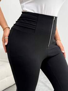 SHEIN Essnce 大码女装春夏商务休闲女装工作装复古女装约会夜女装大学生新款时尚办公室休闲优雅通勤设计前中拉链紧身打底裤正式黑裤 - 黑色 - 查看 1