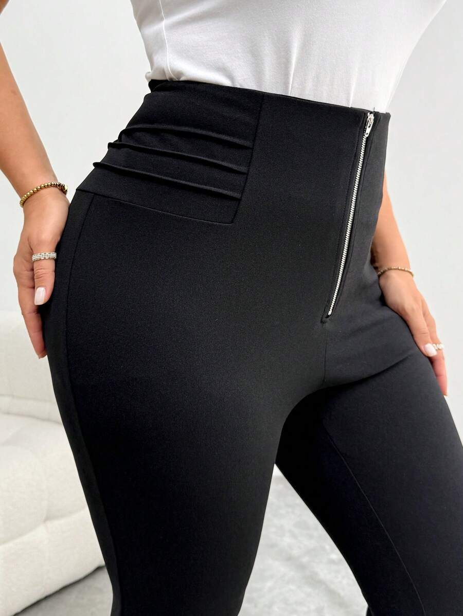 SHEIN Essnce 大码女装春夏商务休闲女装工作装复古女装约会夜女装大学生新款时尚办公室休闲优雅通勤设计前中拉链紧身打底裤正式黑裤 - 黑色 - 查看 1