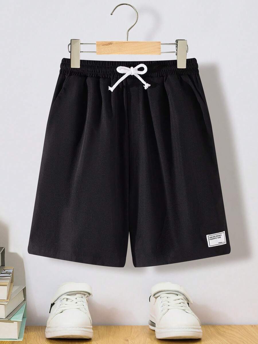 SHEIN 青少年男孩休闲宽松抽绳松紧腰短裤，舒适百搭 - 黑色 - 查看 1