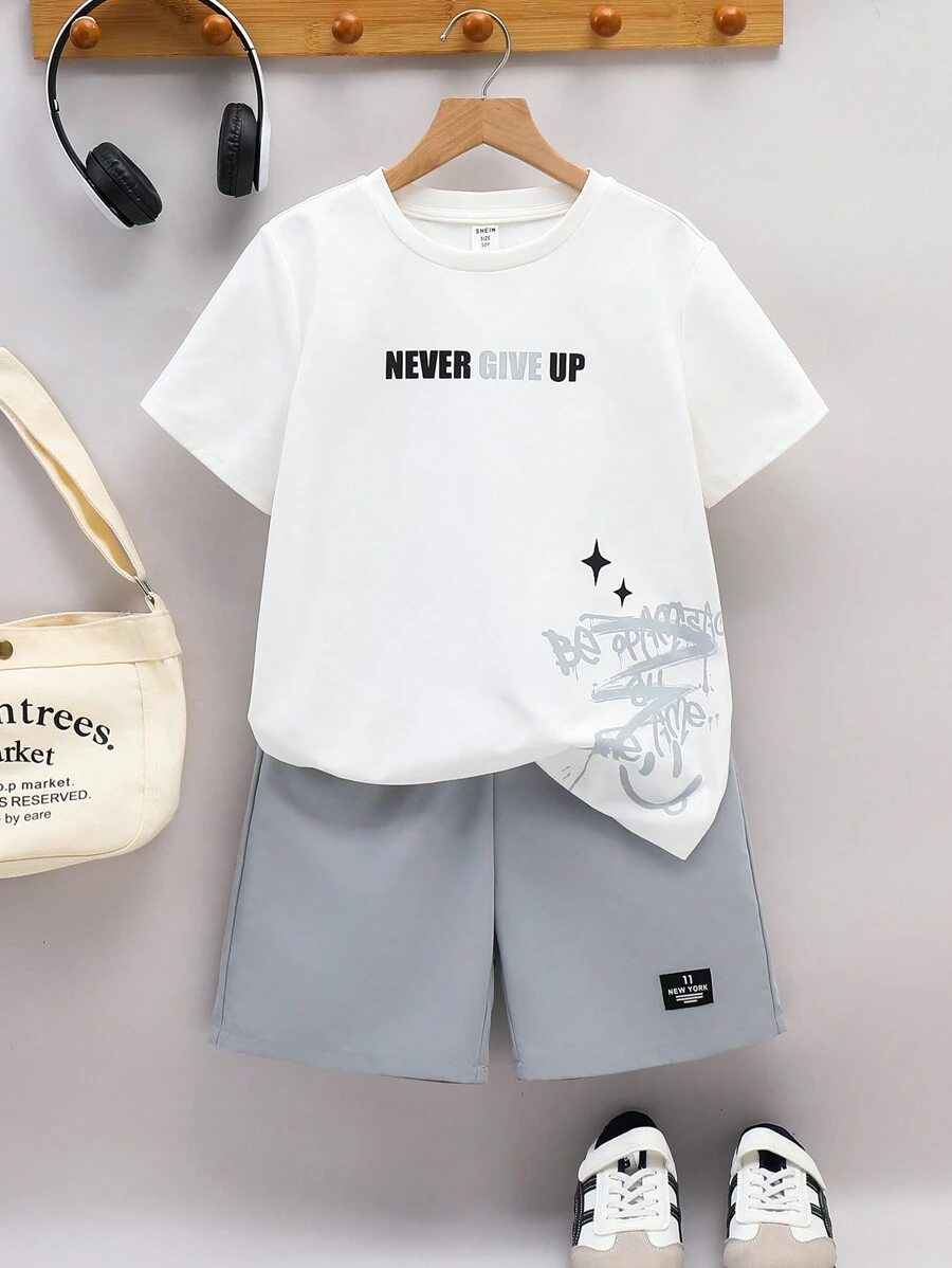 SHEIN 2pcs/Set Tween Boys' Casual School Cute Pattern Round Neck T-Shirt And Shorts Set,Suitable For Commuting,Daily Outings,Sports,Spring/Summer - White - View 1