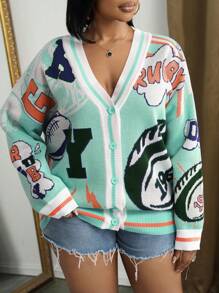 Slaydiva 街头服饰、休闲装和学院风 V 领长袖大码针织开衫，带有足球图案，适合大码女士，秋冬 - 綠色 - 查看 4