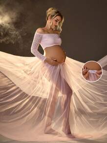 SHEIN 2pcs Maternity Lace Long Sleeve Top And Skirt Outfit, Photo Shoot/Portrait Dress