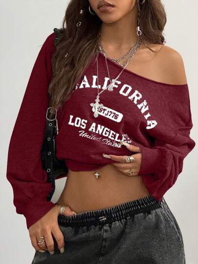 Coolane Women's Fall/Winter Casual Knit Place Name Pattern One Shoulder Sweatshirt