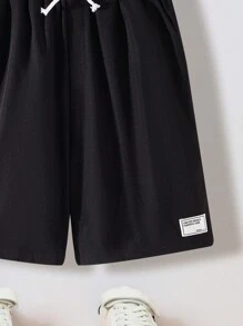 SHEIN 青少年男孩休闲宽松抽绳松紧腰短裤，舒适百搭 - 黑色 - 查看 5