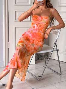 Firerie Women's Elegant All-Over Floral Print Mermaid Dress,Vacation Outfits Women - Orange - View 6