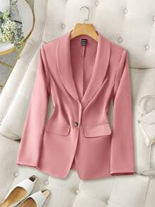 SHEIN LUNE 2024 Autumn/Winter New Grayish Green Women's Waist Cinching Button-Up Jacket Blazer Valentine's Day - Pink - View 7