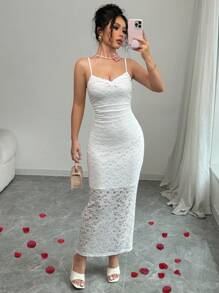 Selianne 女士细肩带褶皱修身连衣裙，优雅 - 白色 - 查看 4