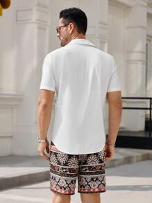 Manfinity VCAY Manfinity Modomio 2pcs Men's Woven Slim Fit Contrast Color Collared Short Sleeve Casual Shirt Set, Summer,Beach Men Shirt,Beach Men,Men Dress Shirt,Men Shorts Set,Two Pieces Beach Set - White - View 6