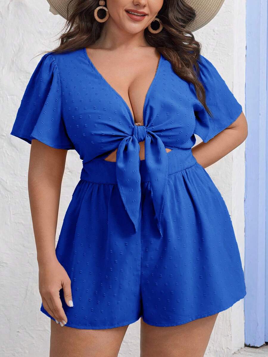 SHEIN VCAY Monos de talla grande con parte frontal de jacquard, cintura recortada y lazos - azul real - Ver 1