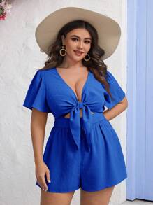 SHEIN VCAY Monos de talla grande con parte frontal de jacquard, cintura recortada y lazos - azul real - Ver 4