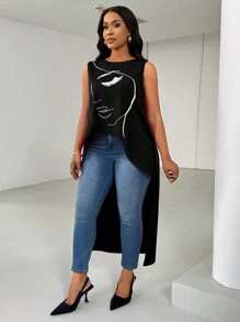 EMERY ROSE Round Neck Sleeveless Shirt With Front Graphic Print And Back Longer Hem For Summer - Black - View 6