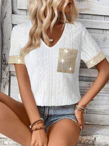 SHEIN LUNE Women's Casual Textured Patchwork Glitter Short Sleeve T-Shirt - White - View 4