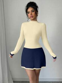 Calvaya New Autumn/Winter Retro Minimalist Splice Fitted Slim Knitted Sweater Dress For Women