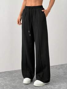 SHEIN PETITE 女士高腰抽绳松紧腰华夫格阔腿运动裤 - 黑色 - 查看 5