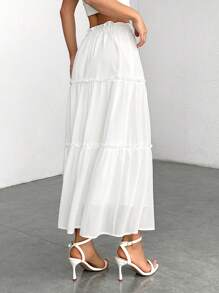SHEIN PETITE Ruffle Skirt Boho Long Skirt Break Solid Frill Trim Ruffle Hem Skirt - White - View 2