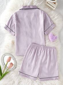 Elladie kids Tween 女童条纹休闲短袖开衫和短裤 2 件套睡衣套装 - 紫色 - 查看 2