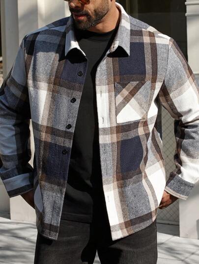 Manfinity Homme Plus Size Men's Casual Plaid Jacket For Autumn