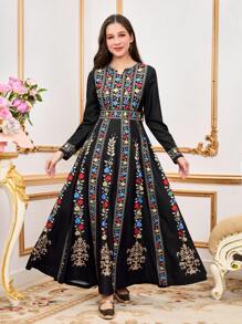 Teen Girls Elegant Print Floral Hem Long Sleeve Waisted Midi Dress, Colorful Fashion, Suitable For Spring/Summer,Holiday,Summer,Travel - Multicolor - View 1