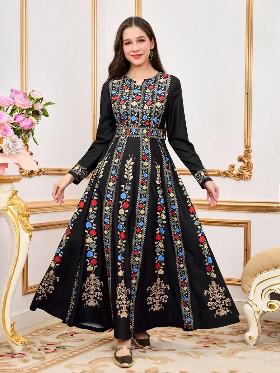 Teen Girls Elegant Print Floral Hem Long Sleeve Waisted Midi Dress, Colorful Fashion, Suitable For Spring/Summer,Holiday,Summer,Travel - Multicolor - View 1