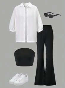 3 件套青少年女孩休闲百搭黑白衬衫 + 吊带背心 + 喇叭裤套装，适合通勤、度假和居家 - 黑色 - 查看 4