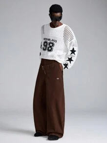 NEON BLANC Men's Street Style Embroidery Loose Woven Pants, School, Streetwear Fashion - Brown - View 2