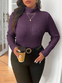 SHEIN Frenchy Plus Size Ribbed Fleece Turtleneck Bodycon Turtleneck T-Shirt - Purple - View 3
