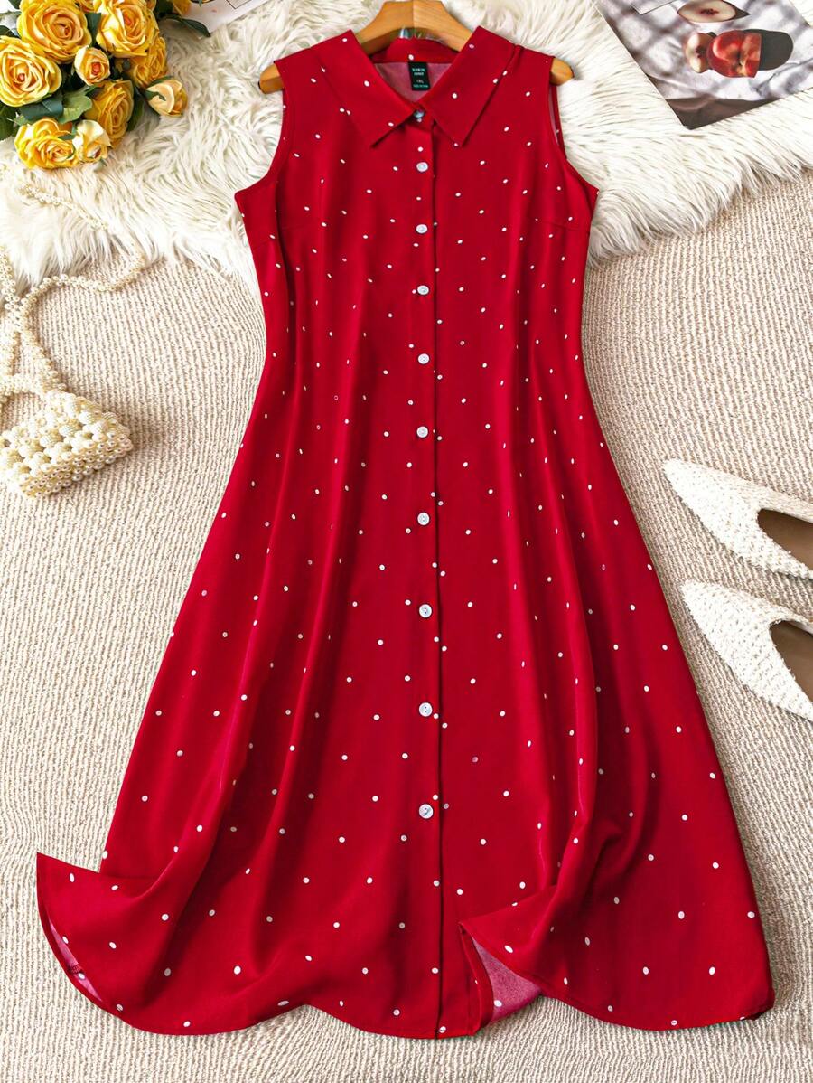 SHEIN LUNE 优雅通勤简约可爱休闲女装时尚百搭畅销波尔卡圆点图案面料领长无袖开衫衬衫裙，红色和白色，大码，春/夏/秋季 - 紅白色 - 查看 1