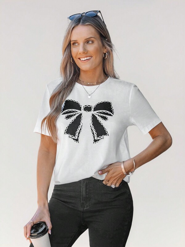 Wildy Women Casual Round Neck Butterfly Print Fitted T-Shirt,Bow