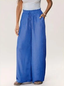 SHEIN LUNE Calça jeans feminina de cintura alta e perna larga, azul marinho - Azul - Ver 1