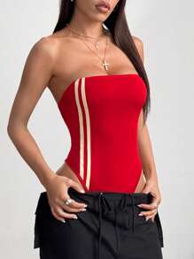 Lunelith SHEIN Lunessa Nowe wiosenno-letnie body bez ramiączek z wysokim rozcięciem i kontrastowym paskiem, sportowe, casualowe, uliczne, damskie