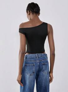 Chiquease Asymmetrical Hem Slit Back Elastic Knitted Fitted Women Tank Top - Black - View 2