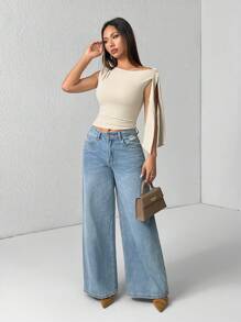 SHEIN PETITE 1pc Women's Solid Color Minimalist Oblique Collar Tied Blouse, Casual Daily Wear