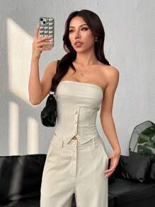 SHEIN EZwear Bộ 2 áo liền quần màu trơn cho nữ, giản dị và thời trang để mặc hàng ngày - Màu be - Xem 3