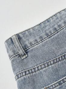 SHEIN EZwear 女士春夏情侣同款/说唱歌手/外出牛仔星星图案贴布直筒牛仔裤 - 淺藍色 - 查看 4