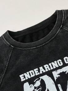 SHEIN EZwear Sudadera holgada de manga larga con estampado gráfico, tipo básico/rapero, en color negro lavado, para mujer en primavera/verano - Negro - Ver 7