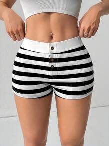 SHEIN PETITE Black & White Striped Casual Low Waist Shorts