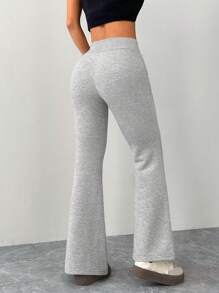 SHEIN PETITE Women's Casual Gray Knitted Elastic Waist Flared Sweatpants