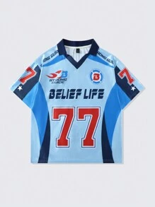 ROMWE MEN Prep Men's Jersey Loose Letter Print Short Sleeve Sports Polo Football Jersey Style Shirt, Streetwear Style - Blue - View 1