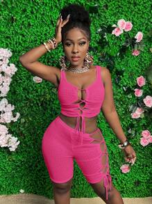 Slaydiva 2 pièces/set Débardeur et short de couleur unie avec motif ajouré - Rose vif - Voir 4
