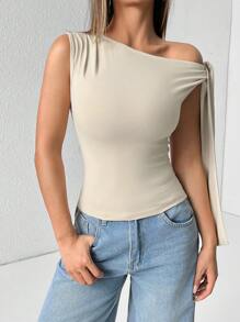 SHEIN PETITE 1pc Women's Solid Color Minimalist Oblique Collar Tied Blouse, Casual Daily Wear