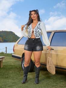 SHEIN VCAY Pantaloni scurți din denim minimalisti casual pentru femei, stil boho, vacanță, festival de muzică, vară - Negru - Vizualizare 6