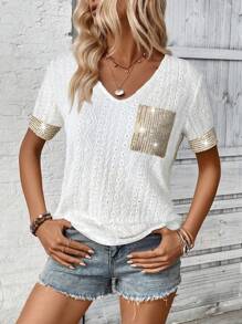 SHEIN LUNE Women's Casual Textured Patchwork Glitter Short Sleeve T-Shirt - White - View 3