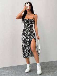 SHEIN PETITE Váy dây mảnh xẻ tà ôm vừa vặn dành cho nữ có họa tiết hoa nhỏ - màu đen - Xem 7