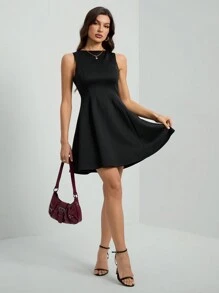 SHEIN Tall 无袖纯色休闲连衣裙，简约时尚，适合日常穿着 - 黑色 - 查看 3