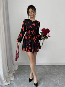 Chiquease Women's Heart Print Long Sleeve Romantic Cute Ruffle Waist Short Dress - Black - View 3